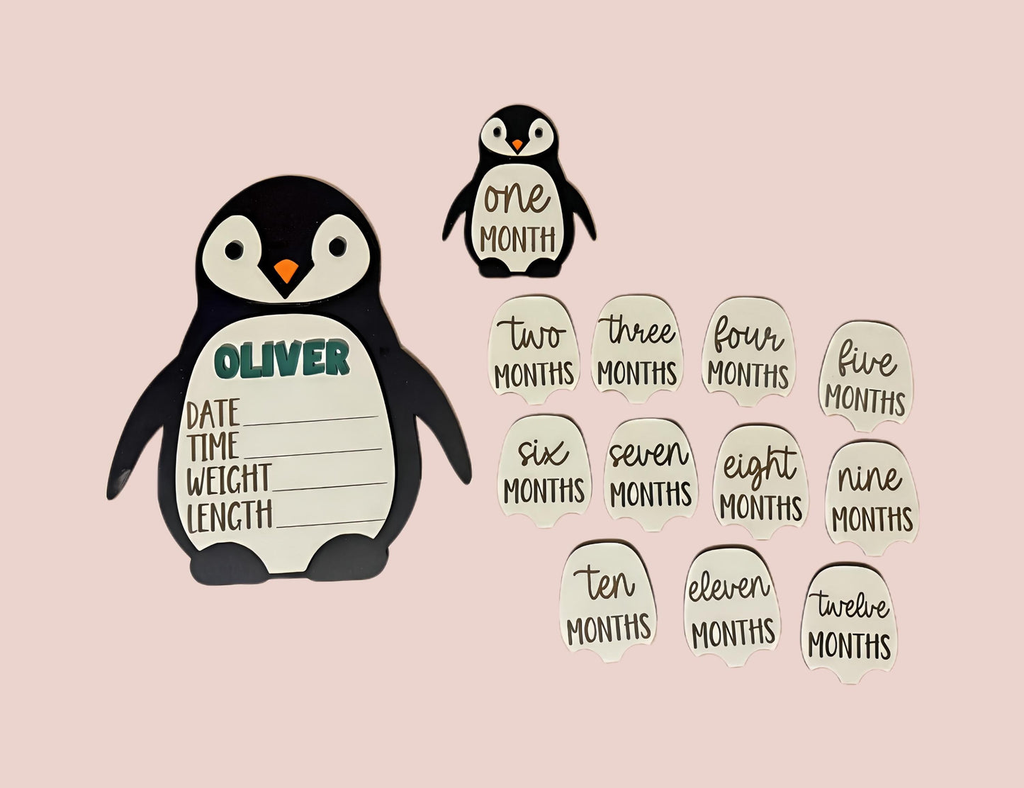 Penguin Milestone Set | Monthly Baby Milestone Markers | Custom Name Birth Announcement | Newborn Keepsake | Interchangeable by Velcro